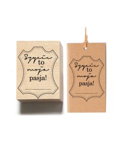 stempel drewniany z napisem "szycie to moja pasja"