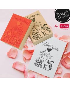 stempel kreatywny drewniany walentynkowy z kotami i napisem walentynki