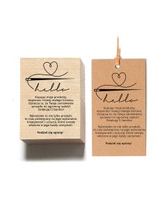 stempel drewniany z nitką i igłą i napisem hello